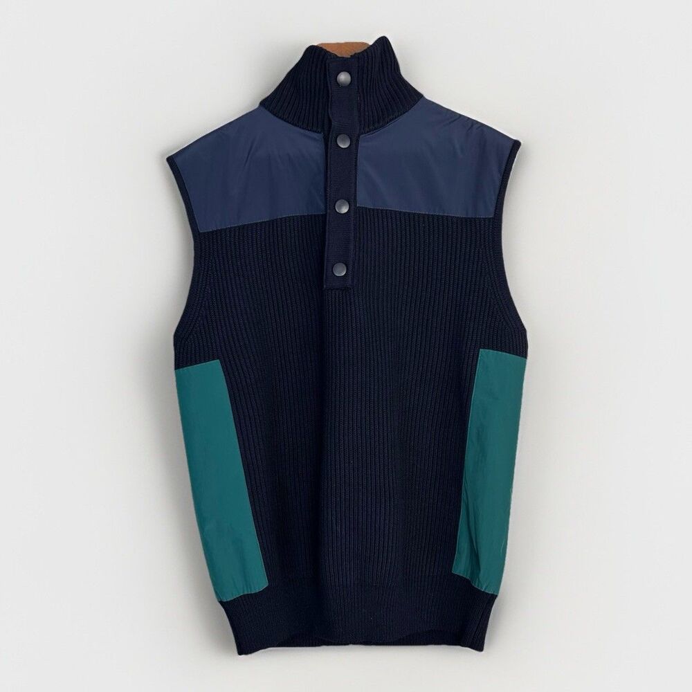 ZARA Colorblock Knit Vest M Navy Green High Neck Snap Button Sleeveless Sweater